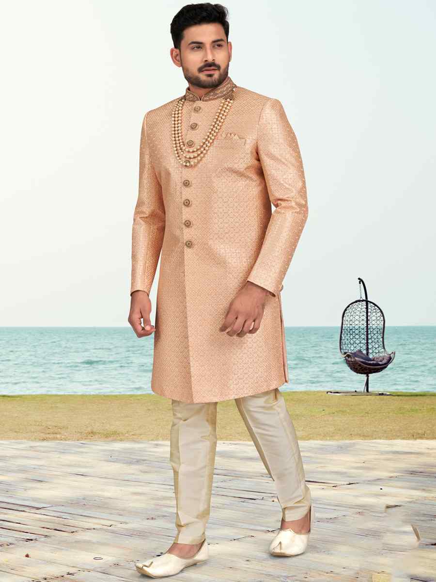 Peach Banarasi Silk Embroidered Wedding Festival Sherwani