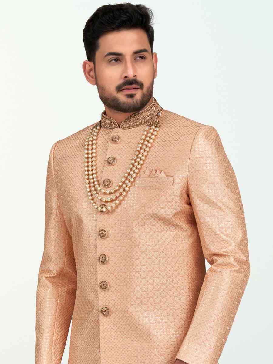 Peach Banarasi Silk Embroidered Wedding Festival Sherwani