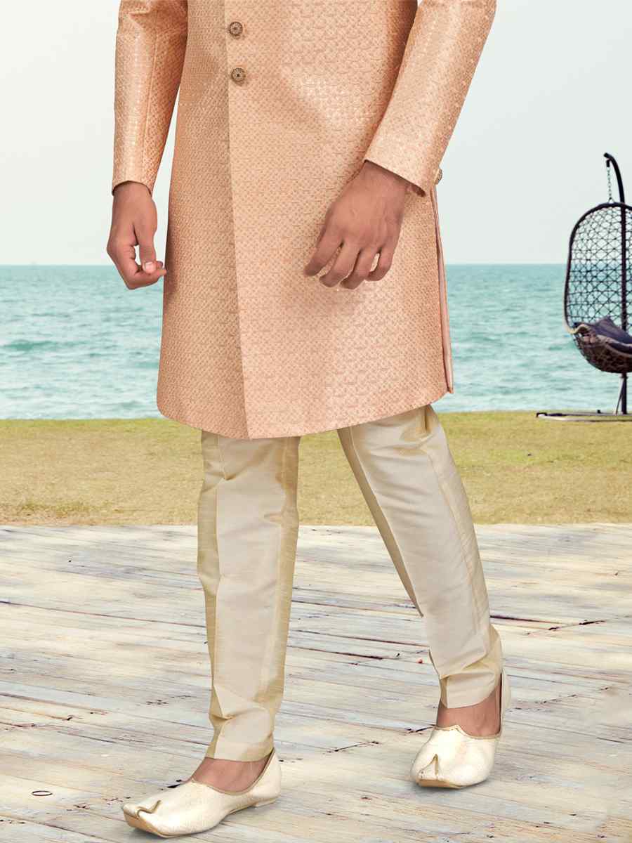 Peach Banarasi Silk Embroidered Wedding Festival Sherwani