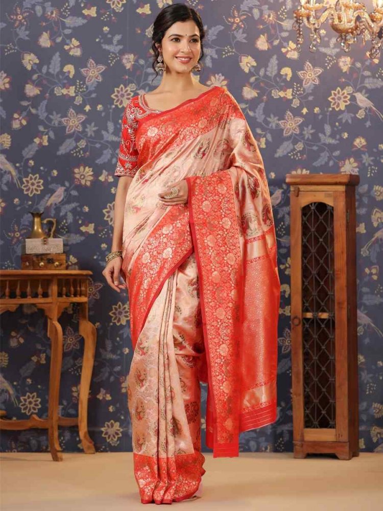 Peach Banarasi Silk Embroidery Reception Wedding Heavy Border Saree
