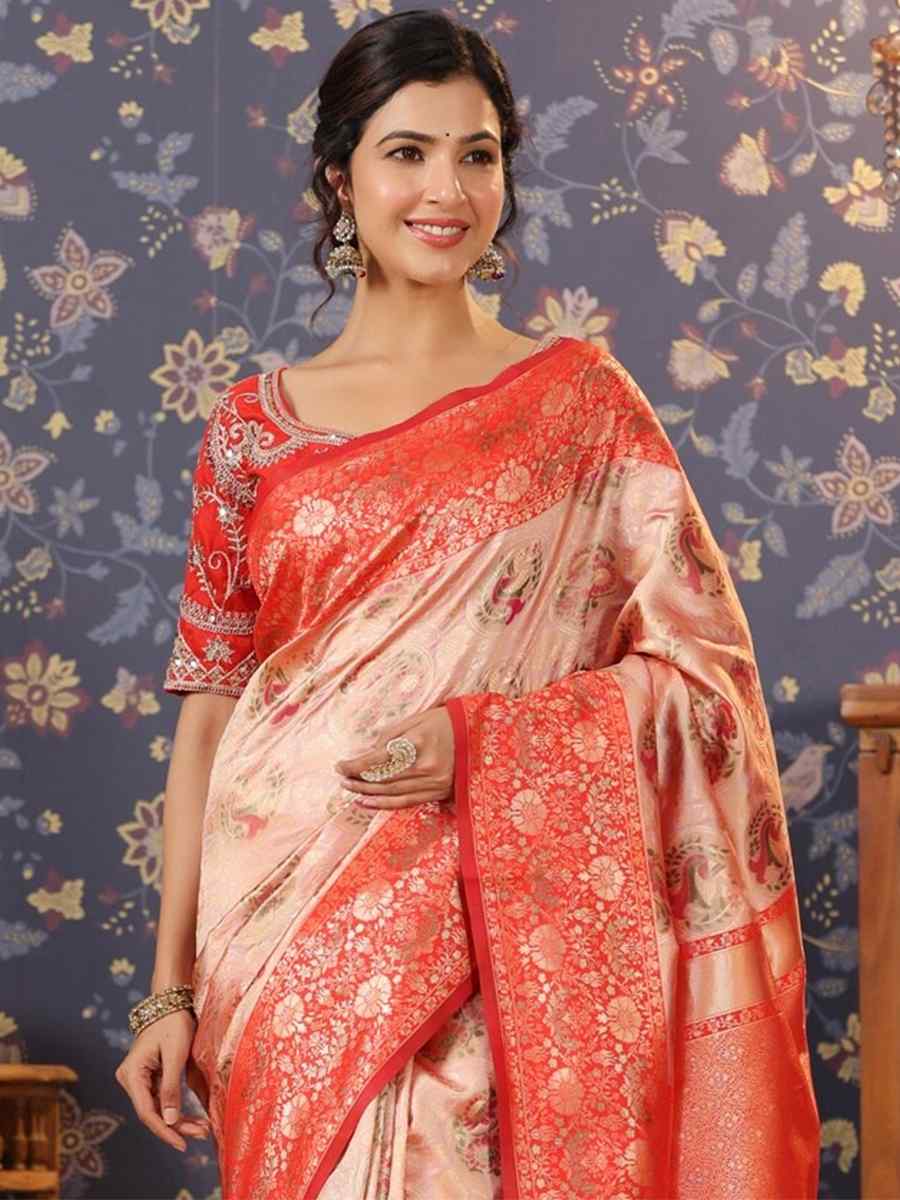 Peach Banarasi Silk Embroidery Reception Wedding Heavy Border Saree