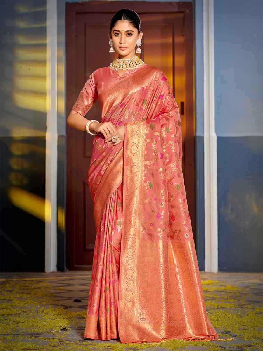 Peach Banarasi Silk HandWeaving Pall Festival Wedding Fancy Heavy Border Saree