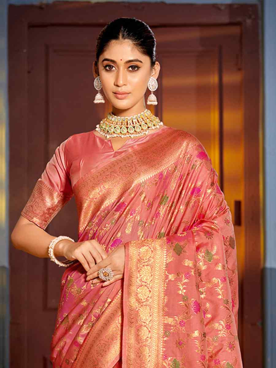 Peach Banarasi Silk HandWeaving Pall Festival Wedding Fancy Heavy Border Saree