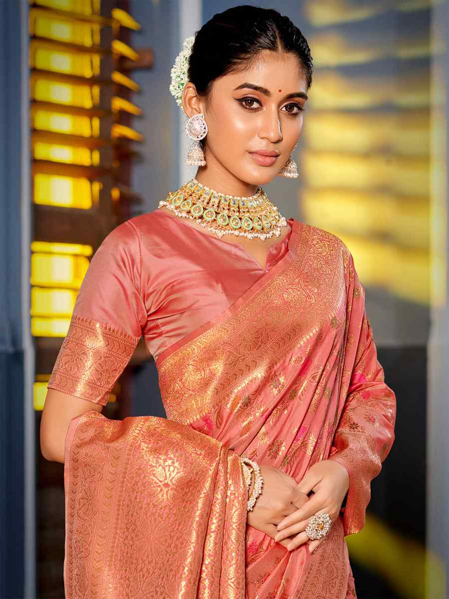 Peach Banarasi Silk HandWeaving Pall Festival Wedding Fancy Heavy Border Saree