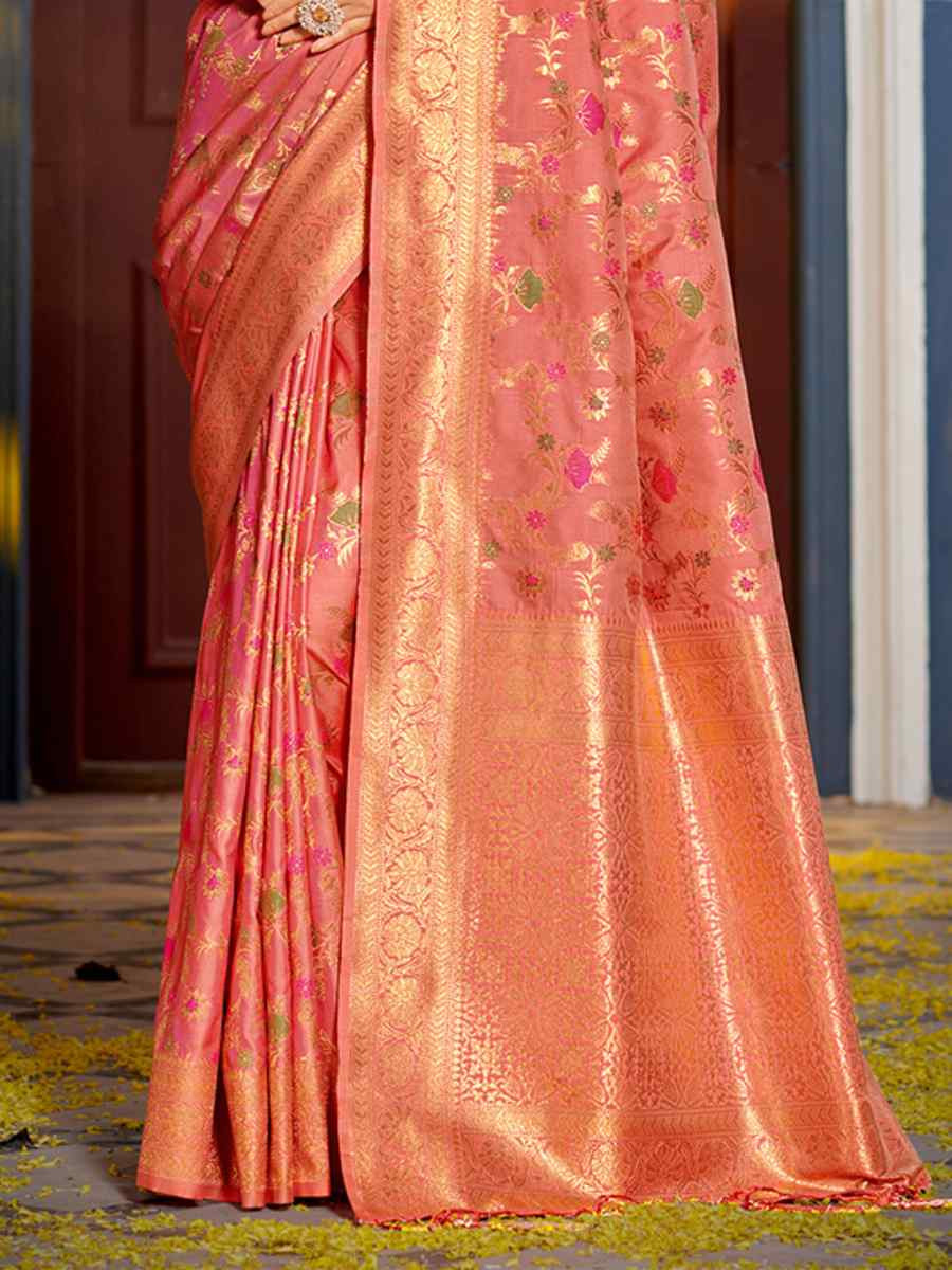 Peach Banarasi Silk HandWeaving Pall Festival Wedding Fancy Heavy Border Saree