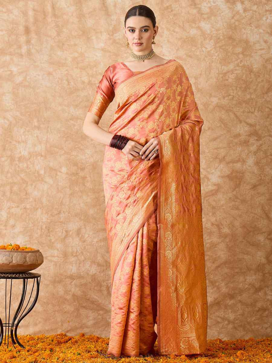 Peach Banarasi Silk Handwoven Bridal Reception Festival Wedding Fancy Heavy Border Sarees
