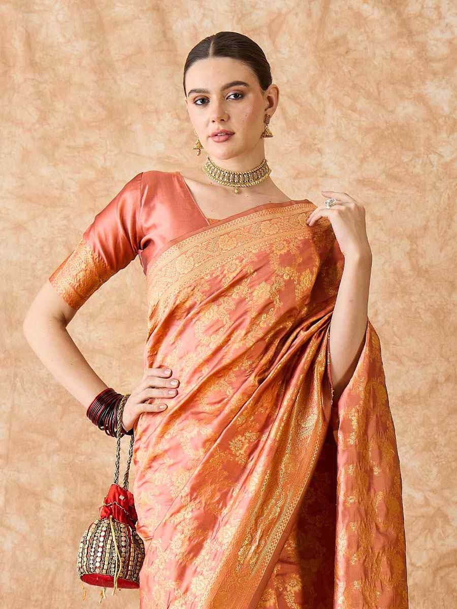 Peach Banarasi Silk Handwoven Bridal Reception Festival Wedding Fancy Heavy Border Sarees
