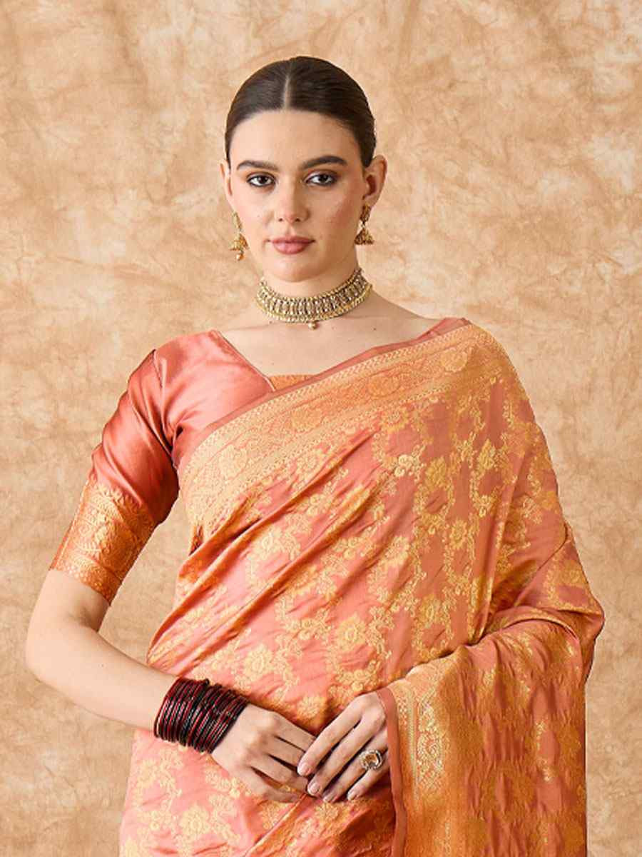 Peach Banarasi Silk Handwoven Bridal Reception Festival Wedding Fancy Heavy Border Sarees