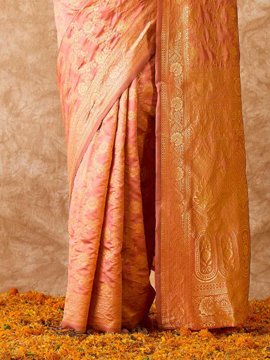 Peach Banarasi Silk Handwoven Bridal Reception Festival Wedding Fancy Heavy Border Sarees