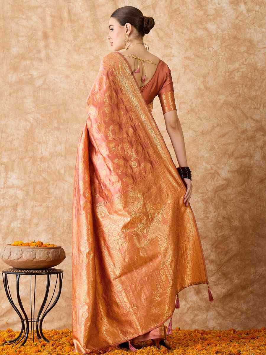 Peach Banarasi Silk Handwoven Bridal Reception Festival Wedding Fancy Heavy Border Sarees