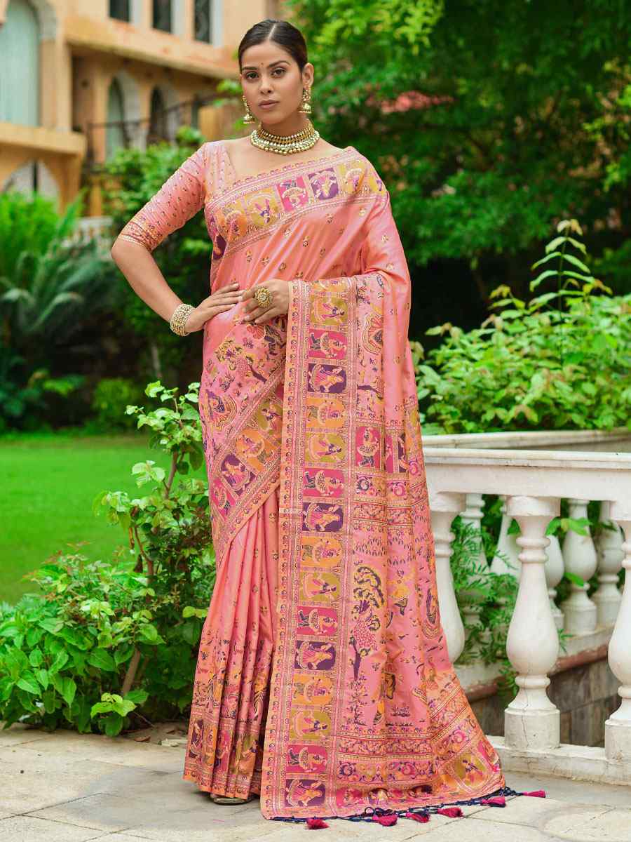Peach Banarasi Silk Handwoven Wedding Festival Heavy Border Saree