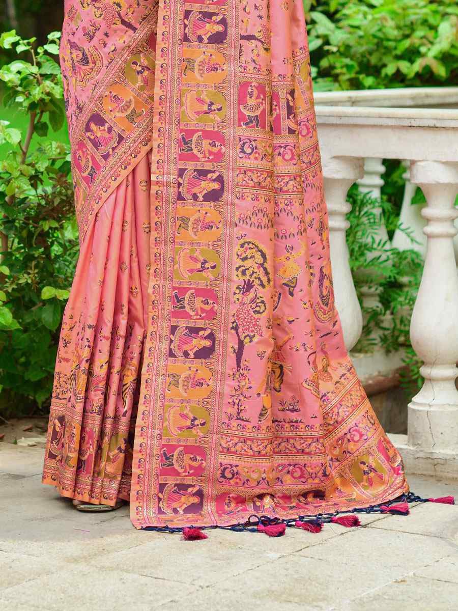 Peach Banarasi Silk Handwoven Wedding Festival Heavy Border Saree