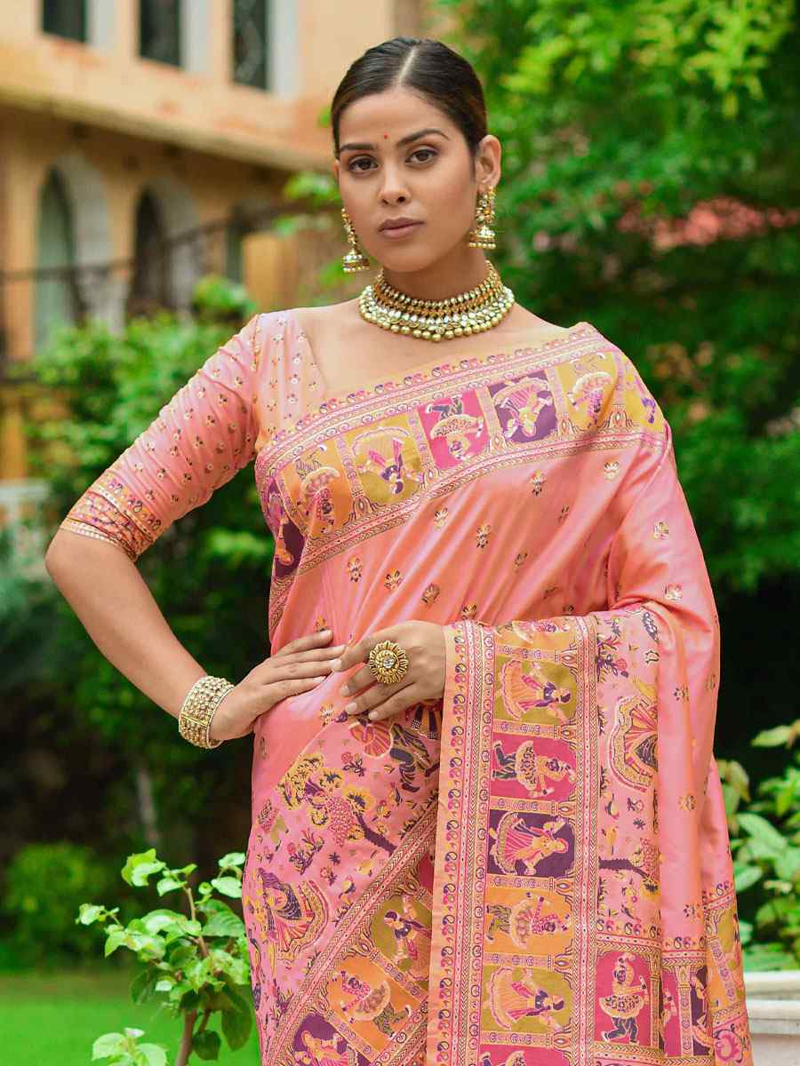 Peach Banarasi Silk Handwoven Wedding Festival Heavy Border Saree