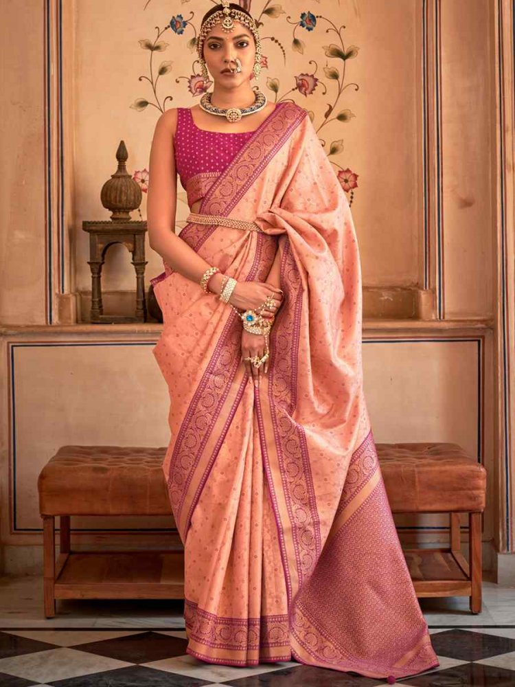 Peach Banarasi Silk Handwoven Wedding Festival Heavy Border Saree