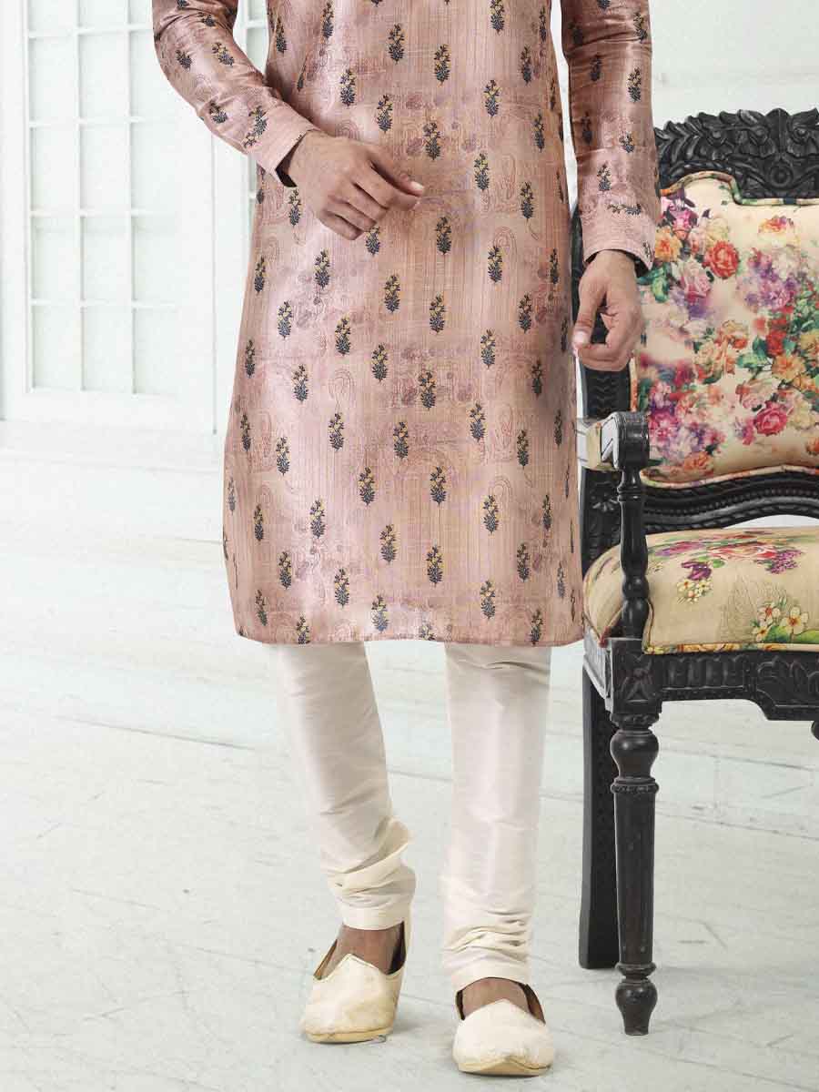 Peach Banarasi Silk Printed Festival Wedding Kurta