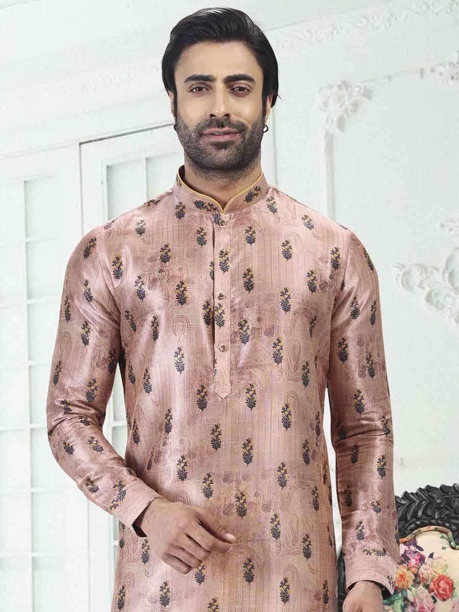 Peach Banarasi Silk Printed Festival Wedding Kurta