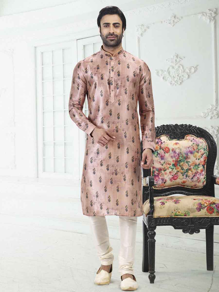 Peach Banarasi Silk Printed Festival Wedding Kurta