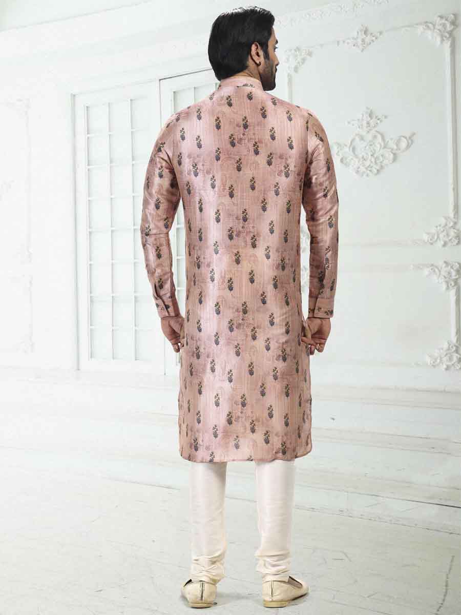 Peach Banarasi Silk Printed Festival Wedding Kurta