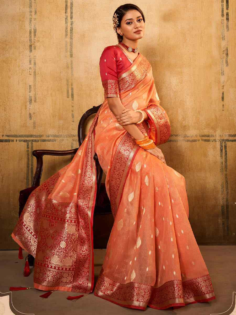 Peach Banarasi Silk Tissue Handwoven Festival Wedding Fancy Heavy Border Saree