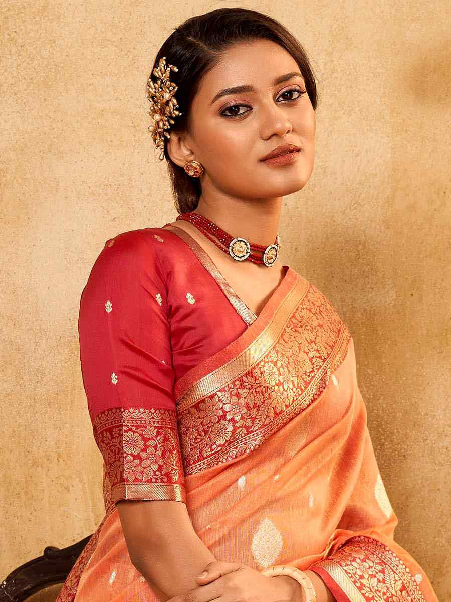 Peach Banarasi Silk Tissue Handwoven Festival Wedding Fancy Heavy Border Saree