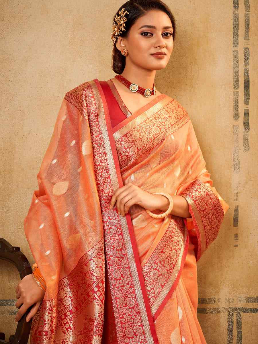 Peach Banarasi Silk Tissue Handwoven Festival Wedding Fancy Heavy Border Saree