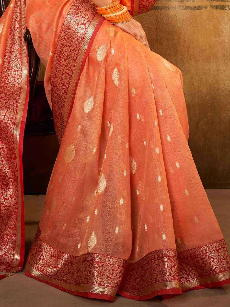 Peach Banarasi Silk Tissue Handwoven Festival Wedding Fancy Heavy Border Saree