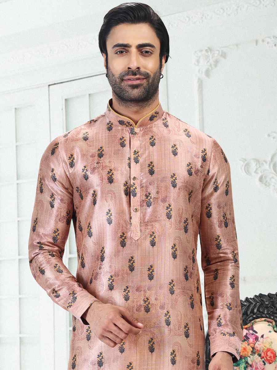 Peach Banarasi Silk Woven Festival Party Kurta