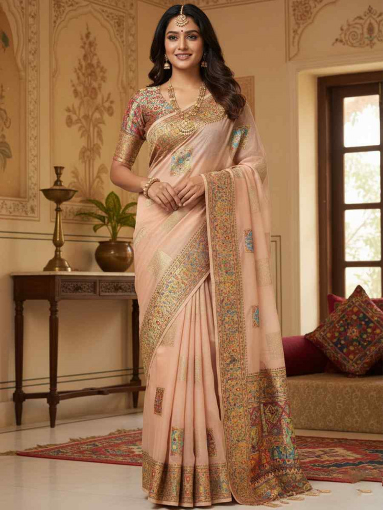 Image of Peach Banarasi Soft Silk Zari Handwoven Casual Reception Festival Wedding Fancy Classic Style Sarees