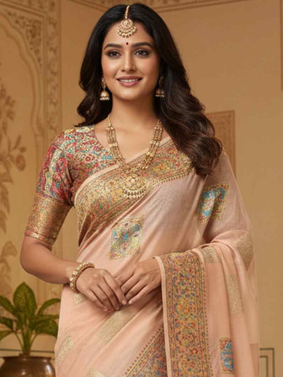 Peach Banarasi Soft Silk Zari Handwoven Casual Reception Festival Wedding Fancy Classic Style Sarees