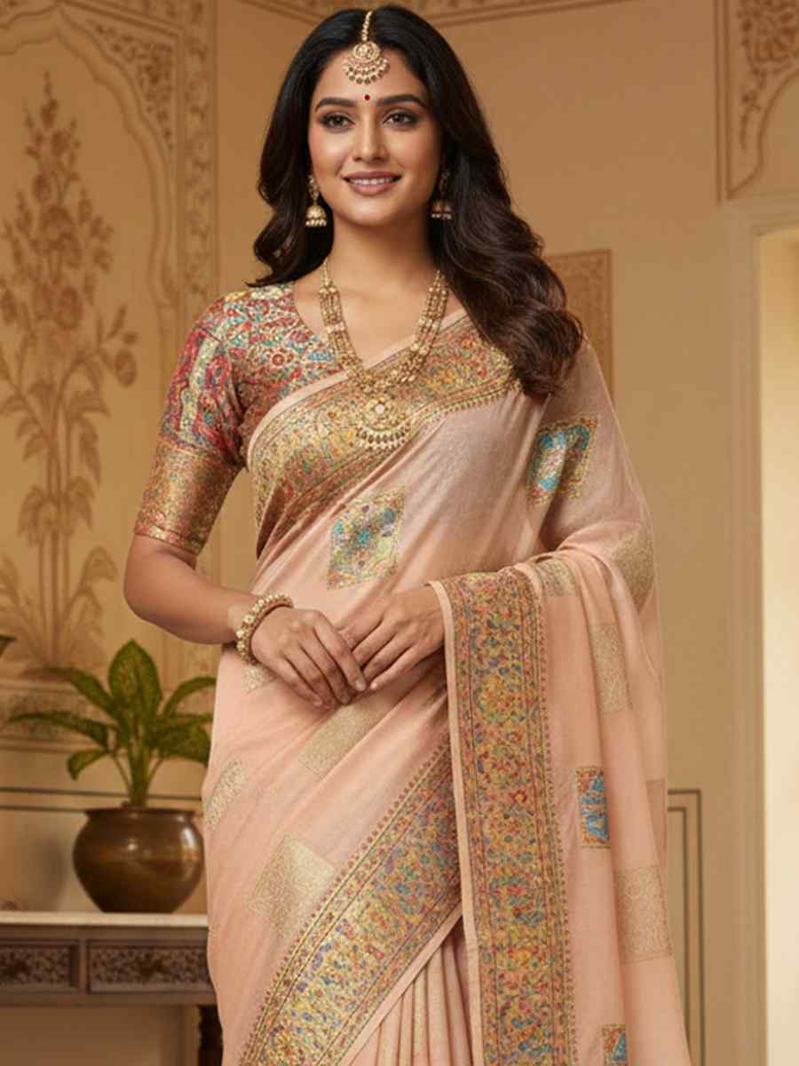 Peach Banarasi Soft Silk Zari Handwoven Casual Reception Festival Wedding Fancy Classic Style Sarees