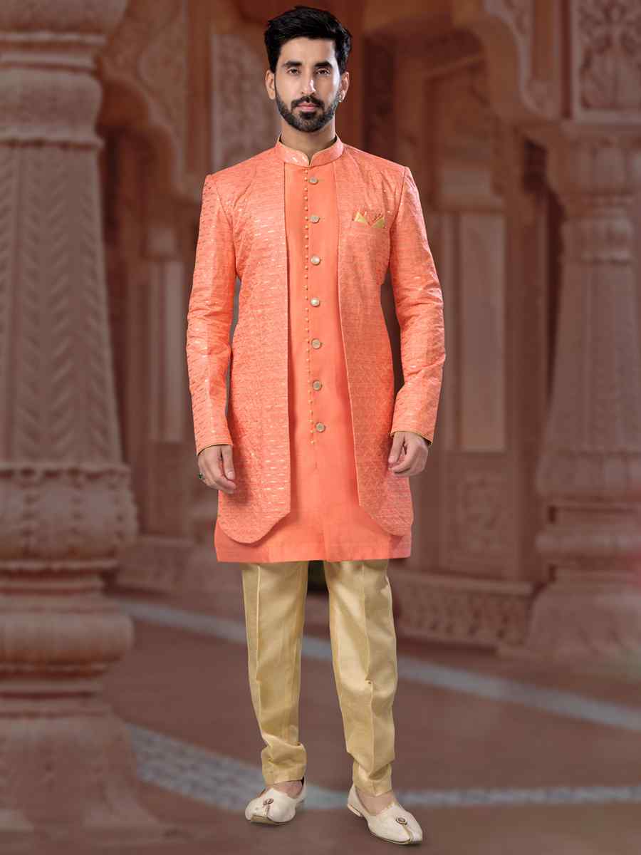 Peach Banglori Silk Embroidered Groom Wedding Sherwani