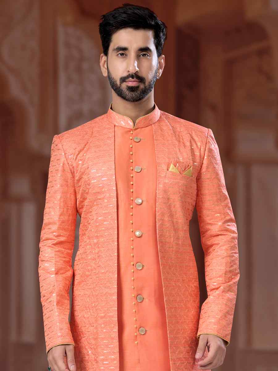 Peach Banglori Silk Embroidered Groom Wedding Sherwani