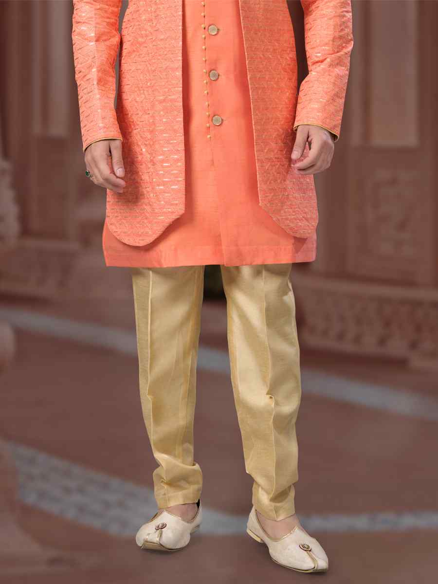 Peach Banglori Silk Embroidered Groom Wedding Sherwani