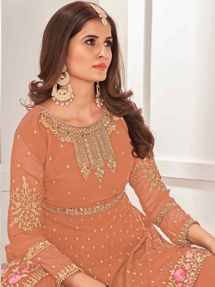 Peach Blooming Faux Georgatte Embroidered Festival Wedding Sharara Pant Salwar Kameez