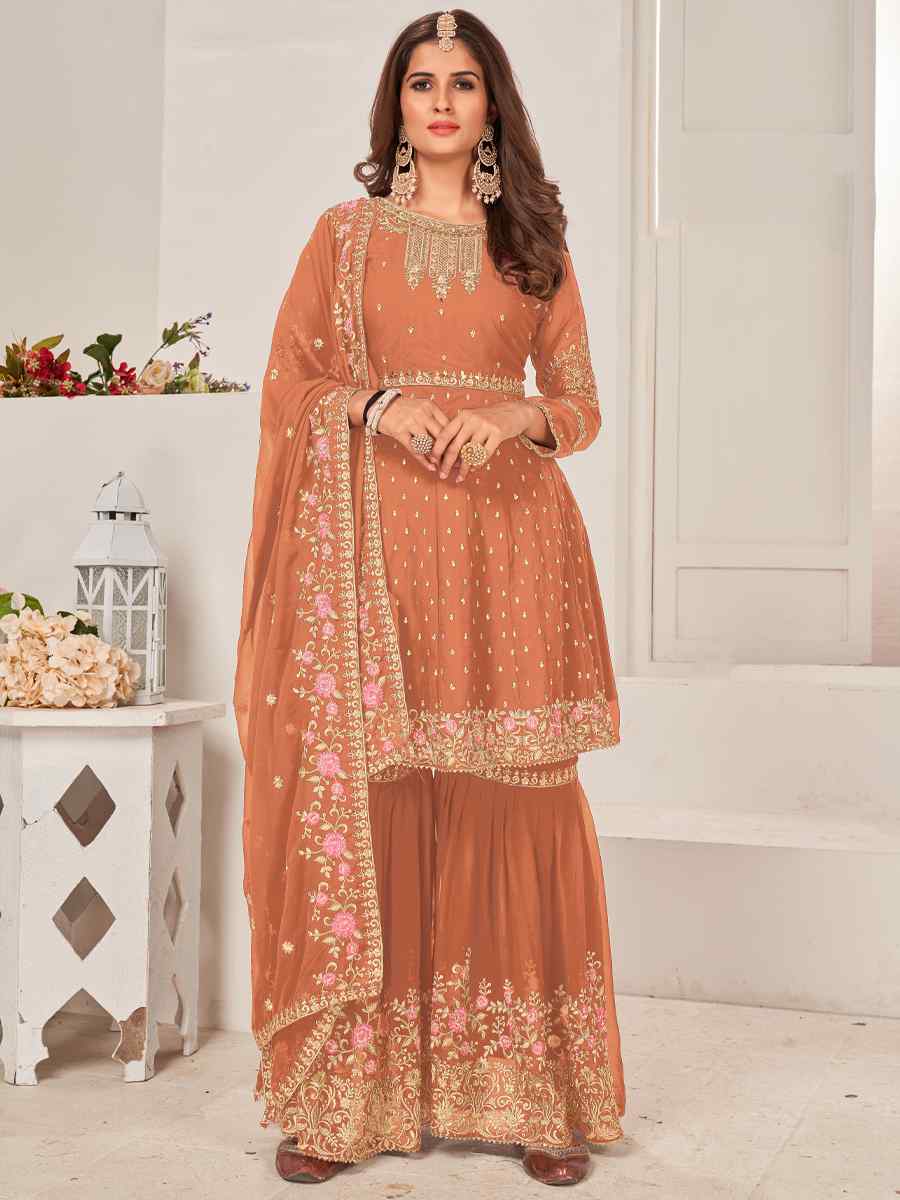 Peach Blooming Faux Georgatte Embroidered Festival Wedding Sharara Pant Salwar Kameez