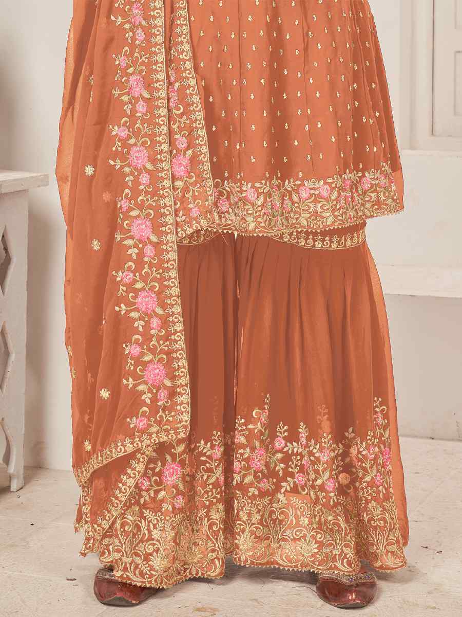Peach Blooming Faux Georgatte Embroidered Festival Wedding Sharara Pant Salwar Kameez