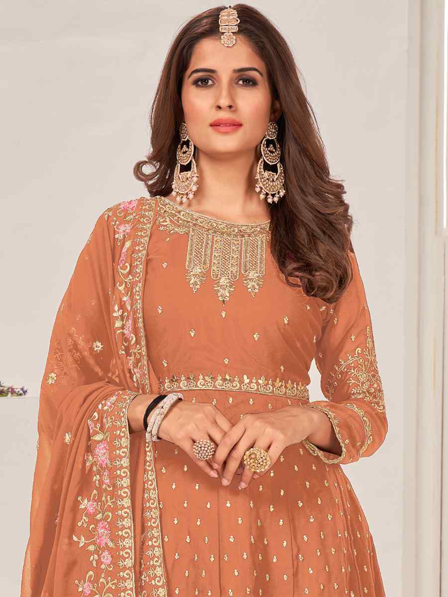 Peach Blooming Faux Georgatte Embroidered Festival Wedding Sharara Pant Salwar Kameez