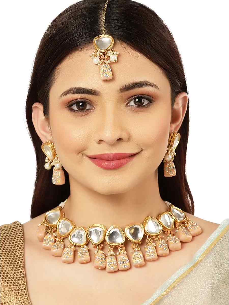 Peach Brass Festival Wear Kundan Necklace