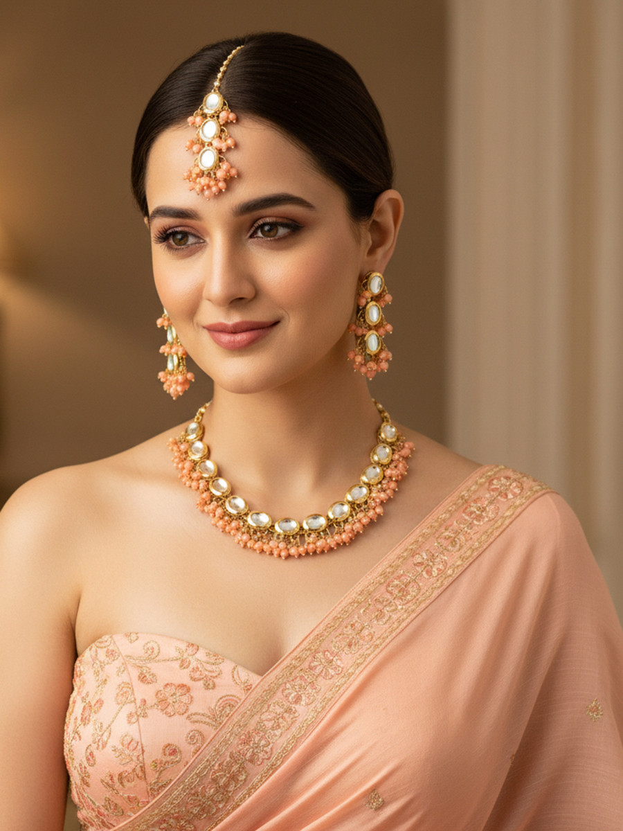 Peach Brass Wedding Party Festival Wear Kundan Necklace