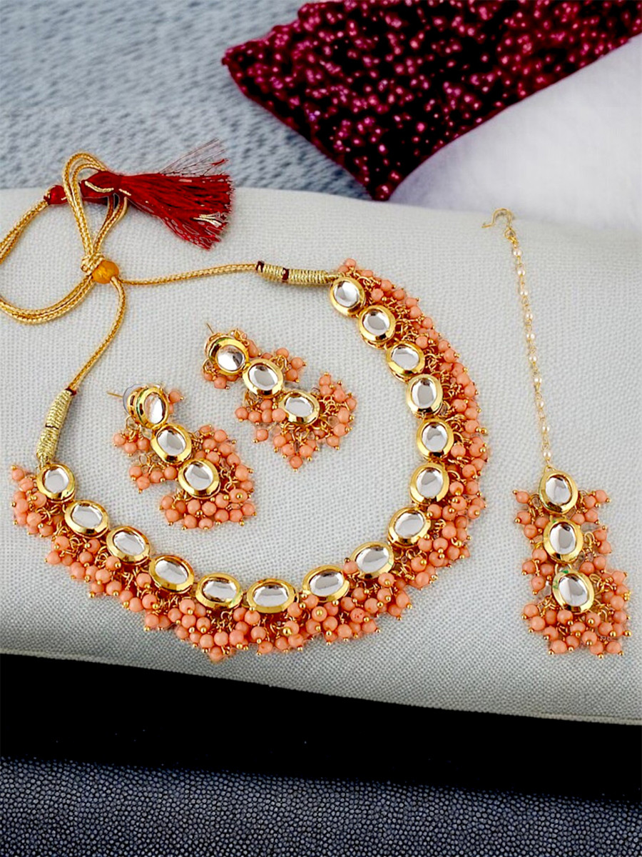 Peach Brass Wedding Party Festival Wear Kundan Necklace