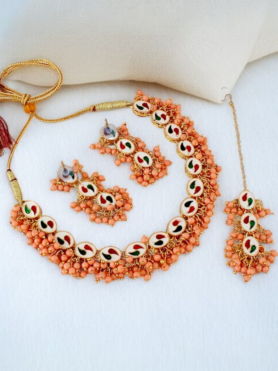 Peach Brass Wedding Party Festival Wear Kundan Necklace