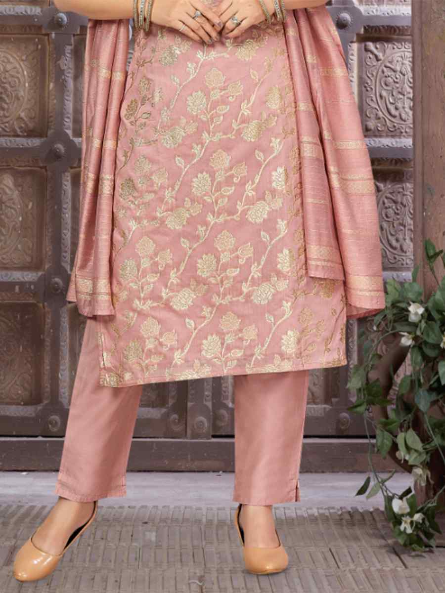 Peach Brocade Silk Embroidered Festival Wedding Ready Pant Salwar Kameez