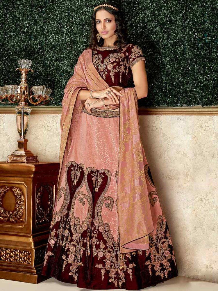 Peach Brocade Velvet Embroidered Reception Party Wear Heavy Border Lehenga Choli