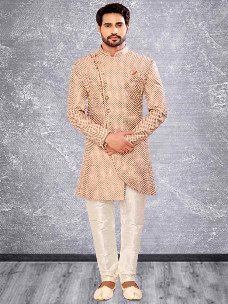Peach Brocade Woven Party Wedding Sherwani