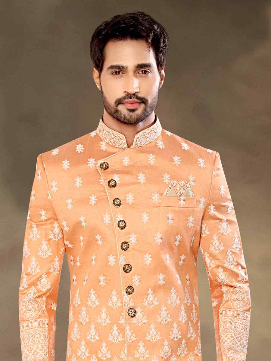 Peach Brocade Woven Party Wedding Sherwani