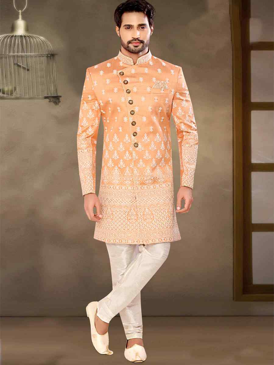 Peach Brocade Woven Party Wedding Sherwani