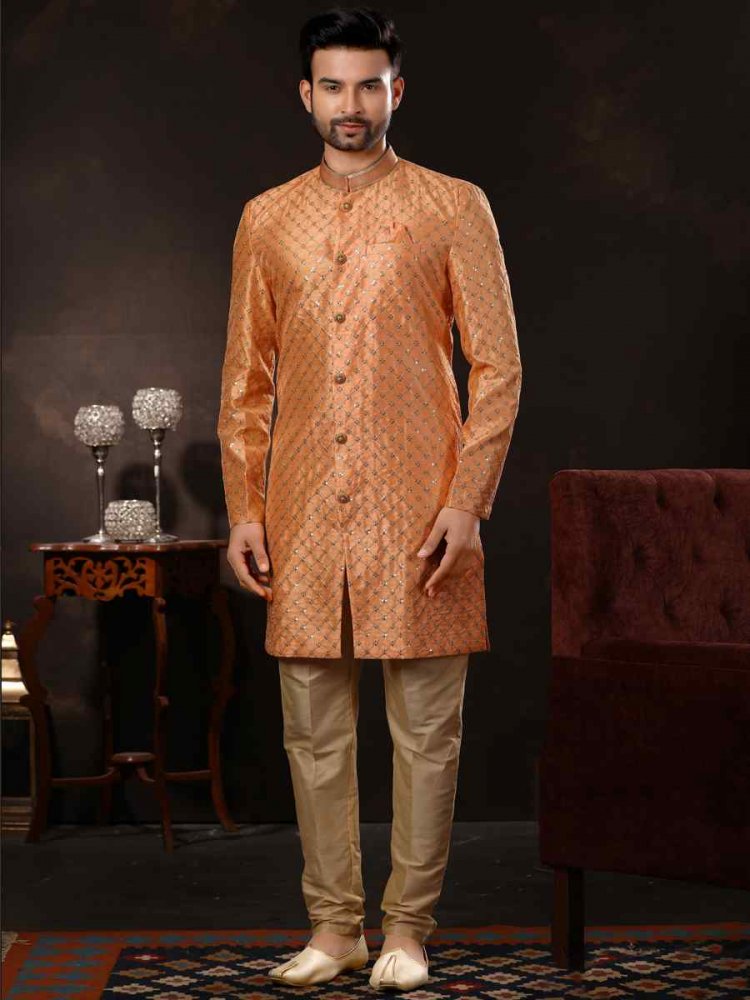 Peach Brocade Woven Wedding Party Sherwani