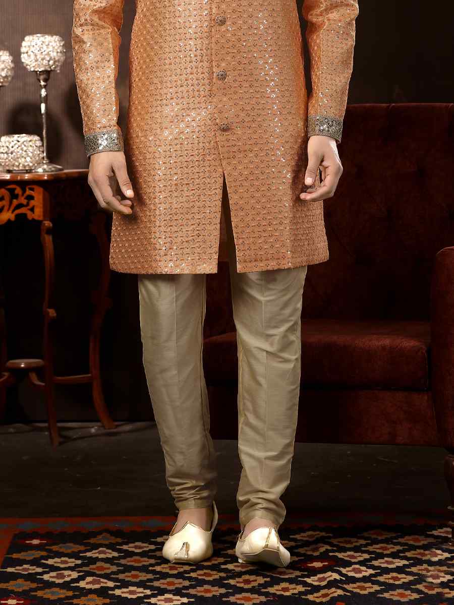 Peach Brocade Woven Wedding Party Sherwani