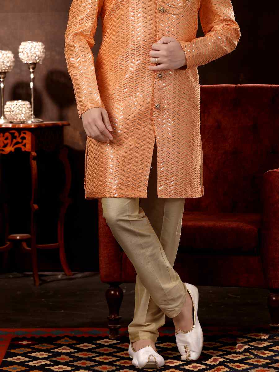 Peach Brocade Woven Wedding Party Sherwani