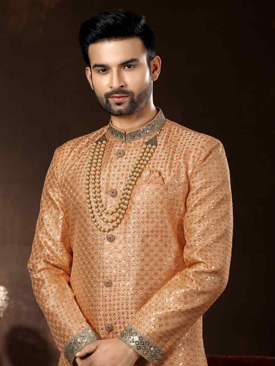 Peach Brocade Woven Wedding Party Sherwani